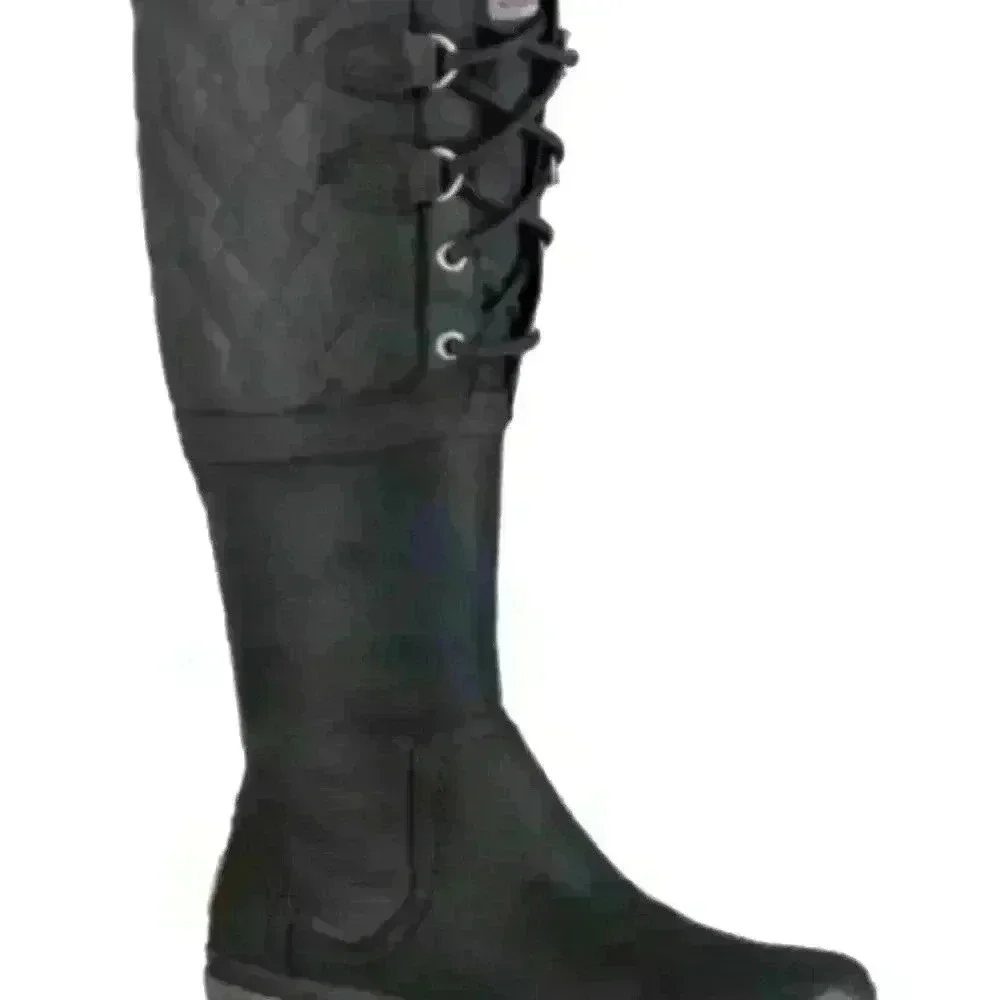 Ugg Womens Black Leather Elsa Deco Quilt Knee High Waterproof Winter Boot 8